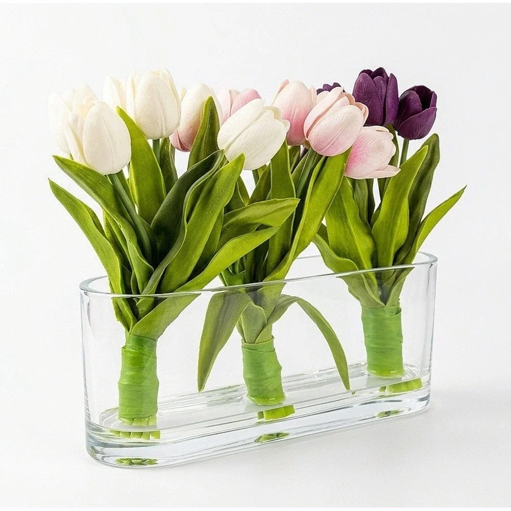 15Pcs Artificial Tulips Flowers with Clear Glass Vase Real Soft Touch Latex offi
